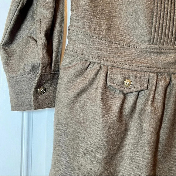 J. Crew Pin Tucked Dropped Waist Long Sleeve Dress 100% Wool Olive Brown Size 4 - Picture 4 of 5